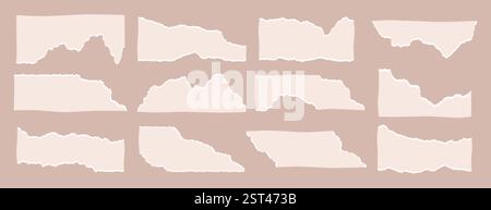 Strips and pieces of torn craft paper of different shape set. Ripped sheets, newspaper scrap with jagged edges. Cut beige notepad page fragments with uneven edge. Blank teared pages with ragged border Stock Vector