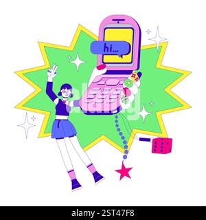 Retro flip phone and 2000s aesthetic 2D illustration concept Stock Vector