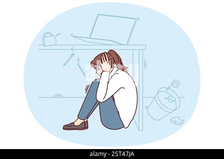 Frightened woman wait out earthquake hiding under office desk to save herself during building collapse. Girl sits on floor fleeing earthquake or tornado and other natural anomalies Stock Vector