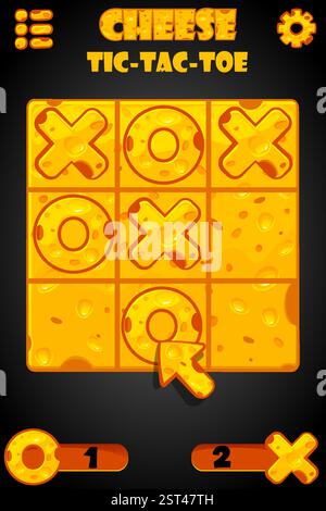 Tic-Tac-Toe in Cheese style, UI game with cursor arrow. Vector cartoon strategy game noughts and crosses. Board logic game for your mobile game Stock Vector