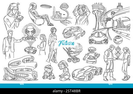 Futuristic technologies and innovations used by people to work and move or play. Futuristic buildings and cars near users with holograms or robotic assistants from future. Hand drawn. Stock Vector