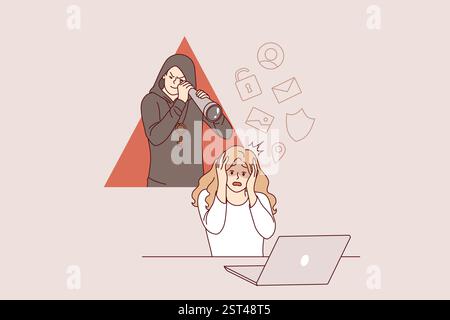 Cyber stalker follows female victim using laptop, clutching head due to theft confidential information. Cyber stalker with spyglass stands girl, injured due to hacker attack on social networks Stock Vector