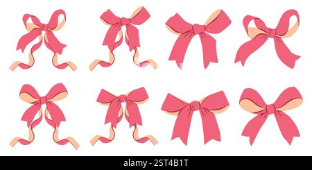 Bows with pink ribbons set in flat cartoon style. Vector illustration for holiday design as invitations, rustic weddings, gift wrapping Stock Vector