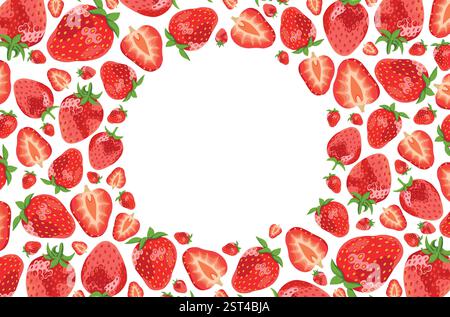 Round frame with red realistic vector strawberries. Frame made of red fruits isolated on white rectangular background. Stock Vector