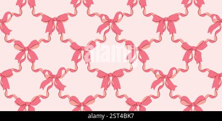 Romantic pink bows seamless pattern vector illustration with ribbon in diamond shape. Wrapping paper design to gift boxes or fabric design. Stock Vector