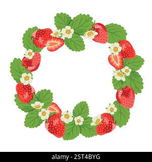 Red strawberries whole, half berries and green leaves in wreath shape isolated on white background for food decoration as restaurant menu, flyers, ban Stock Vector