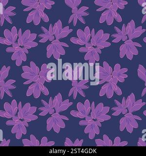 Crocus Flowers hand drawn line art seamless royal purple pattern print design floral mauve background Stock Vector