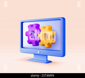 3D computer with gears on screen Stock Vector