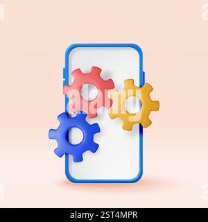 3D smartphone with gears on screen isolated Stock Vector