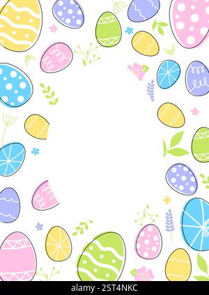 Easter eggs composition hand drawn black on white background. Decorative horizontal stripe from eggs with doodle leaves. Stock Vector