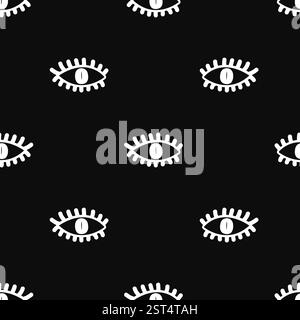 Eye seamless pattern. White on black. Vector illustration Stock Vector