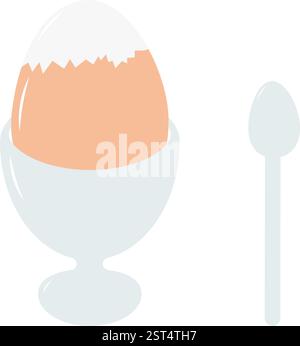Boiled cleaned in an egg cup and spoon. Traditional Breakfast in special dish Food promo design idea. Isolated Vector illustration Thematic cards or web promo banner, leaflets, print materials or tags Stock Vector