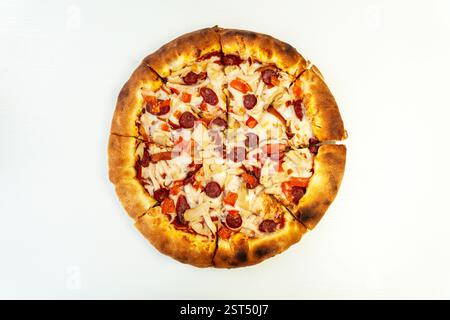 Tasty pepperoni pizza. Top view of hot pepperoni pizza. Flat lay. on white background Stock Photo