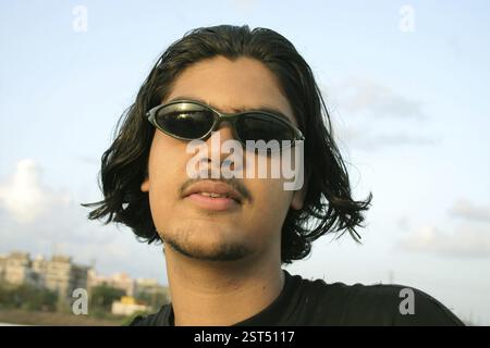 Rohan, Long hair, Sunglasses, Mustache, Beard, male model, Indian, bombay Mumbai, Maharashtra, India, Asia Stock Photo
