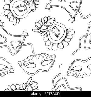 Venetian masks line seamless pattern black white Stock Vector
