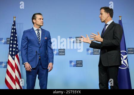 MUNICH, GERMANY - 13 February 2025 - NATO Secretary General Mark Rutte meets with Pete Hegseth, US Secretary of Defense at a NATO summit in Munich, Ge Stock Photo