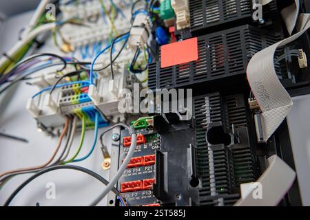 Close-up view of wiring system and circuit board inside electrical control panel. Electrical components used for automation and regulation of various Stock Photo