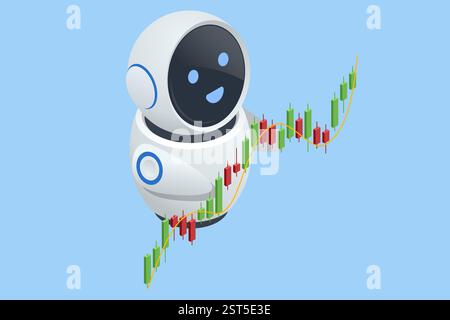 An isometric vector illustration of an AI trading robot analyzing stock market charts, surrounded by floating currency symbols. AI trading Stock Vector