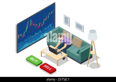 An isometric vector illustration of a trader working from home, sitting on a couch, using a laptop, with a large screen displaying a stock market Stock Vector