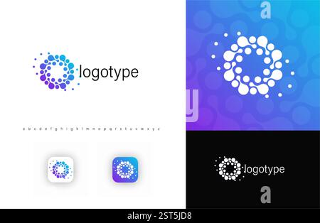 Abstract circular molecular logo with interconnected dots, symbolizing technology, innovation, data networks. Ideal for biotech, software, science, AI Stock Vector