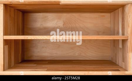 Modern scandinavian style wooden cabinet empty shelves for product placement copy space, selective focus Stock Photo