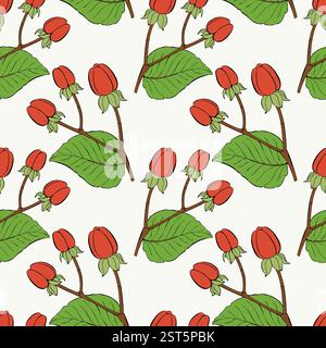 Seamless pattern with red berries, Hypericum Berries, for printing on fabric, textile, wrapping paper, decorative wallpaper, packaging. Vector illustr Stock Vector