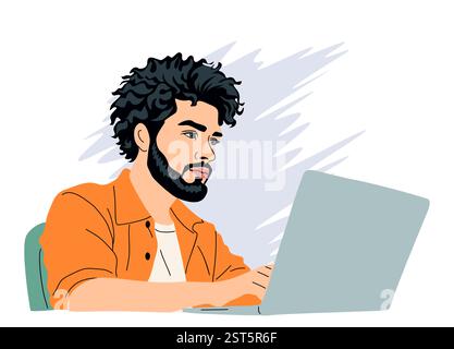 Young man sitting at a desk and using a laptop Stock Vector