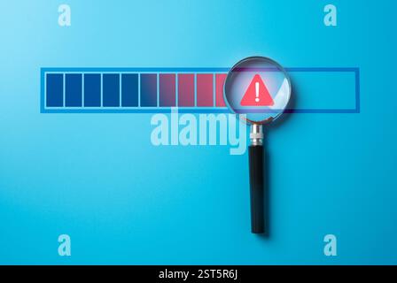 Magnifying glass with warning sign on progress bar. Find problem stop or malfunction. Detecting issues, troubleshooting errors. Identifying malfunctio Stock Photo