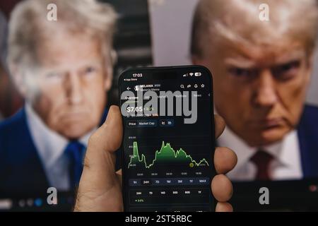 Paris, France - Jan 20, 2025: A person holds a smartphone displaying the price chart of Melania Meme cryptocurrency, showing market fluctuations, with Stock Photo