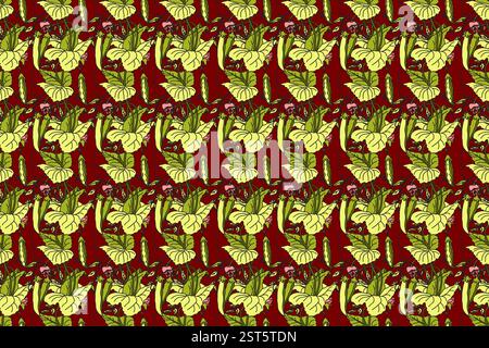 Botanical seamless pattern with growing green peas, leaves and pods vector illustration. Repeating vegetables pattern in burgundy color background. Gr Stock Vector