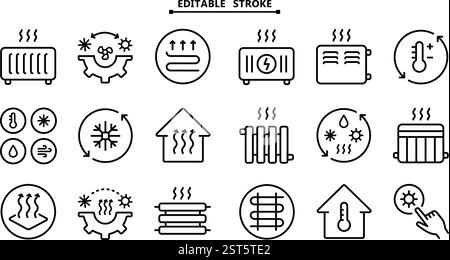 HVAC icons set. Editable stroke. Commercial services. Heating and cooling system. Air conditioning. Isolated vector illustrations. Simple flat icons f Stock Vector