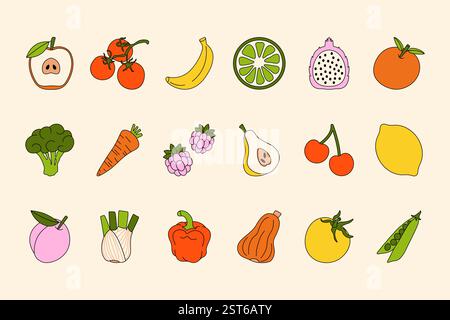 Fruits and vegetables. Cartoon fruit vegetable icons, organic food with different berries, veggies, fruits and greens, cute comic colorful flat elemen Stock Vector