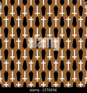 Coffin and cross pattern seamless. Cemetery background. Stock Vector
