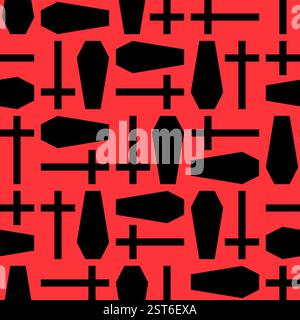 Coffin and cross pattern seamless. Cemetery background. Stock Vector