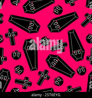 Cute Coffin and pretty cross pattern. Cemetery background. Stock Vector