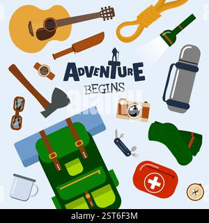 Essential hiking and camping gear including backpack, compass and flashlight. Perfect for outdoor adventure, trekking and travel preparation themes. Adventure begins logo on trendy square banner. Stock Vector