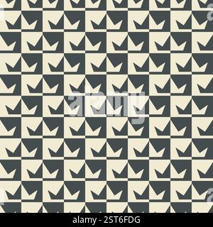 Checkered graphical ornamental seamless pattern, crown symbol shape abstract repeat background. Power decorative grid. Black white vintage colours Stock Vector