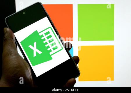 India. 15th Feb, 2025. In this photo illustration, a Microsoft Excel logo is seen displayed on a smartphone with a Microsoft Logo in the background. (Photo by Avishek Das/SOPA Images/Sipa USA) *** Strictly for editorial news purposes only *** Credit: Sipa USA/17�Թ����� Live News Stock Photo