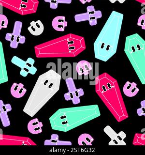 Cute Coffin and pretty cross pattern. Cemetery background. Stock Vector