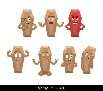 Coffin set emoji avatar. sad and angry face. guilty and sleeping. casket sleeping emotion face. Stock Vector