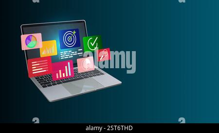 Data and management analysis system with KPIs and indicators connected to databases for finance; Laptop computer on dark background and dashboard for Stock Photo