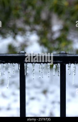 Icicles dripping off a metal fence after a winter ice storm. Stock Photo