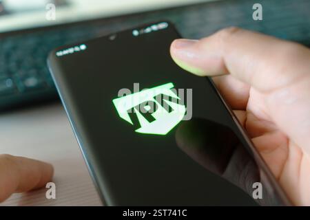 VPN - Virtual Private Network - Cyber Security and Privacy Data Encryption Software Solutions for Business concept. smartphone with vpn app for anonym Stock Photo