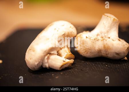 Fresh white mushrooms displayed on a dark cutting board, showcasing their natural texture and vibrant color. Ideal for culinary concepts Stock Photo
