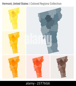 Vermont, United States. Map collection. State shape. Colored counties. Blue Grey, Yellow, Amber, Orange, Deep Orange, Brown color palettes. Stock Vector