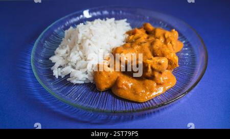 Creamy chicken curry served with fluffy white rice on a vibrant blue background Stock Photo