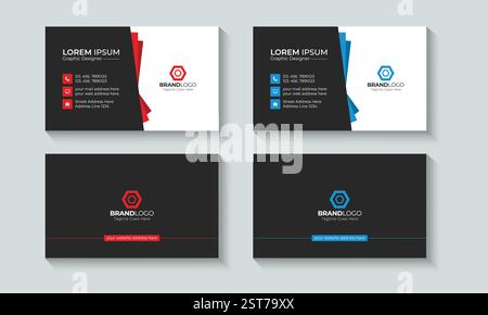 Modern and Creative Minimal Business card or Visiting Card Layout template design. Identity, Contact, Branding, Red, Blue. Stock Vector