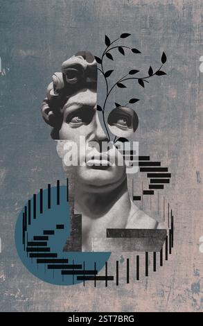 Collage with antique sculptures as human face in pop art style. Modern creative concept image with ancient statue head. Contemporary art poster. Design Stock Photo