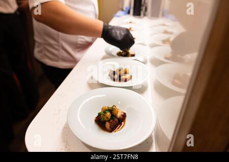 Chef is preparing food on a counter with several plates of food. The plates are white and have various dishes on them Stock Photo