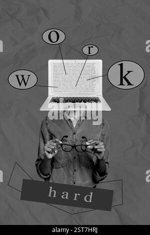 Creative photo 3d collage artwork postcard poster of overworked person working overtime earn money isolated on painting background Stock Photo